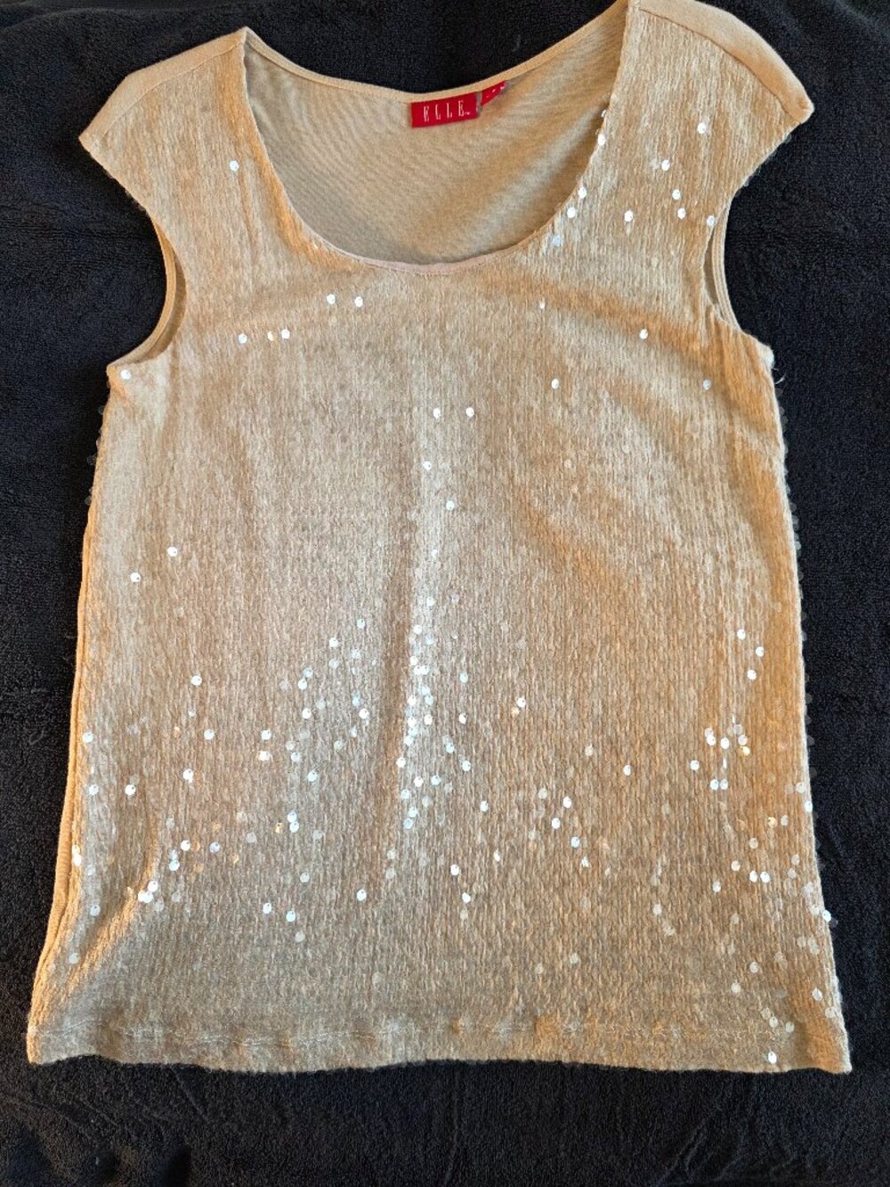 Top (ELLE): Cap-sleeve, tan/beige, iridescent sequin, Size S